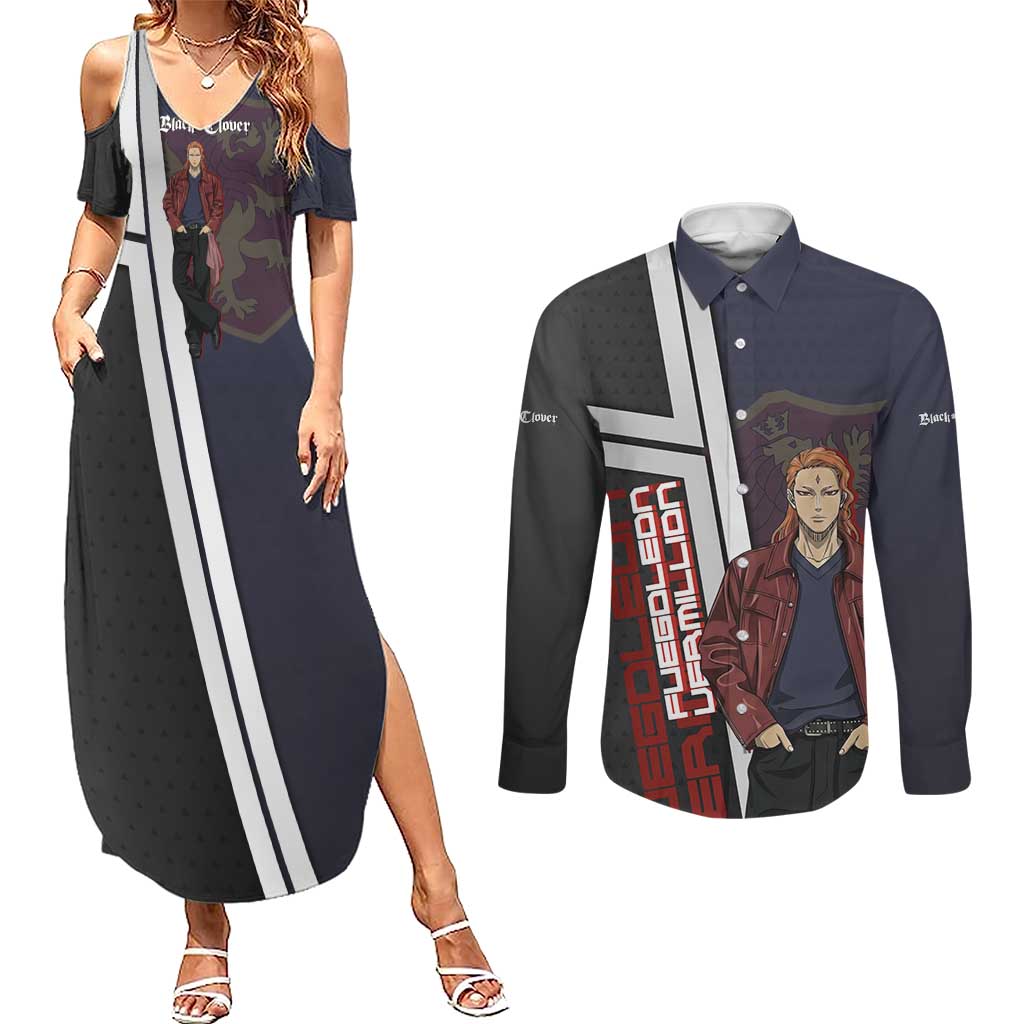 Black Clover Fuegoleon Vermillion Couples Matching Summer Maxi Dress and Long Sleeve Button Shirt Anime Illustration Style