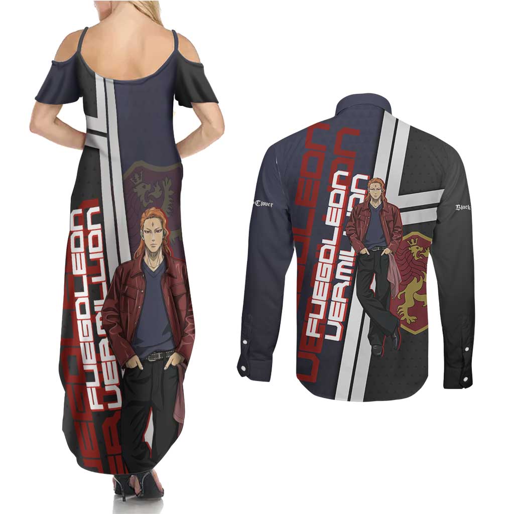 Black Clover Fuegoleon Vermillion Couples Matching Summer Maxi Dress and Long Sleeve Button Shirt Anime Illustration Style