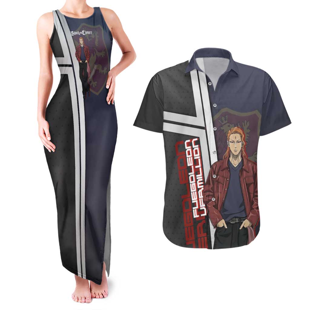 Black Clover Fuegoleon Vermillion Couples Matching Tank Maxi Dress and Hawaiian Shirt Anime Illustration Style
