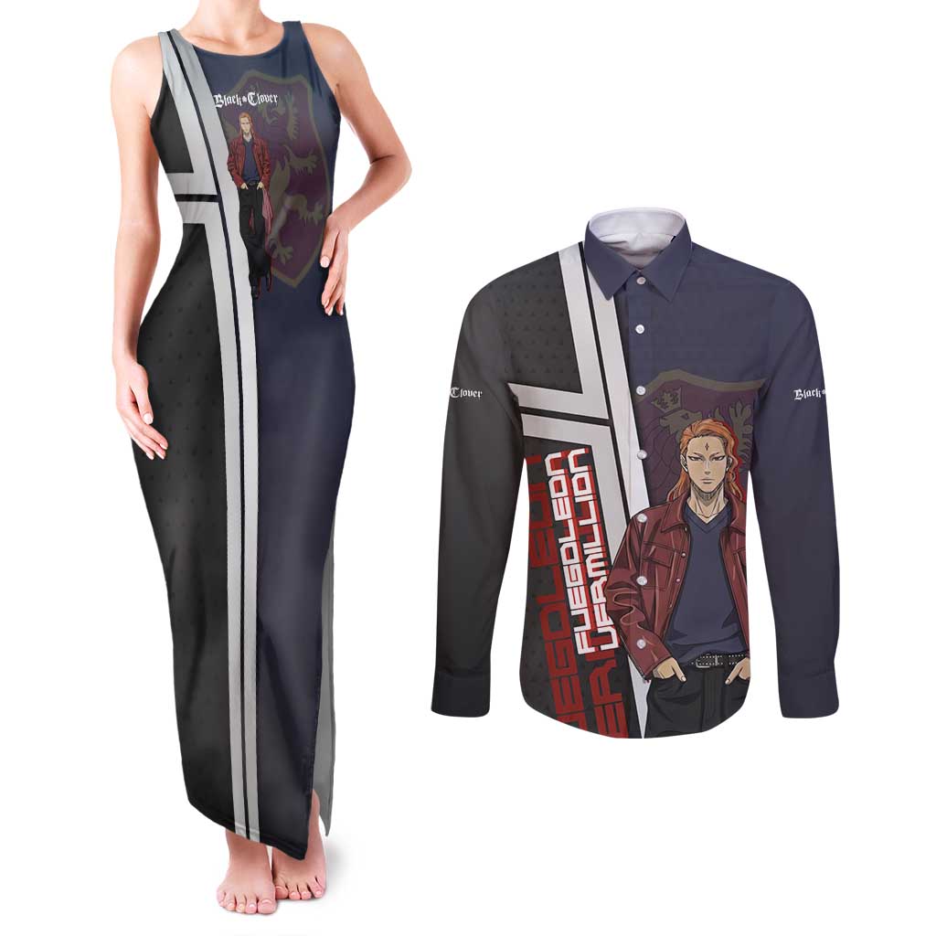 Black Clover Fuegoleon Vermillion Couples Matching Tank Maxi Dress and Long Sleeve Button Shirt Anime Illustration Style