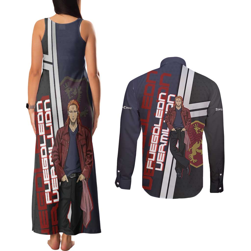 Black Clover Fuegoleon Vermillion Couples Matching Tank Maxi Dress and Long Sleeve Button Shirt Anime Illustration Style