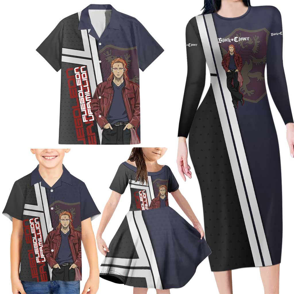 Black Clover Fuegoleon Vermillion Family Matching Long Sleeve Bodycon Dress and Hawaiian Shirt Anime Illustration Style