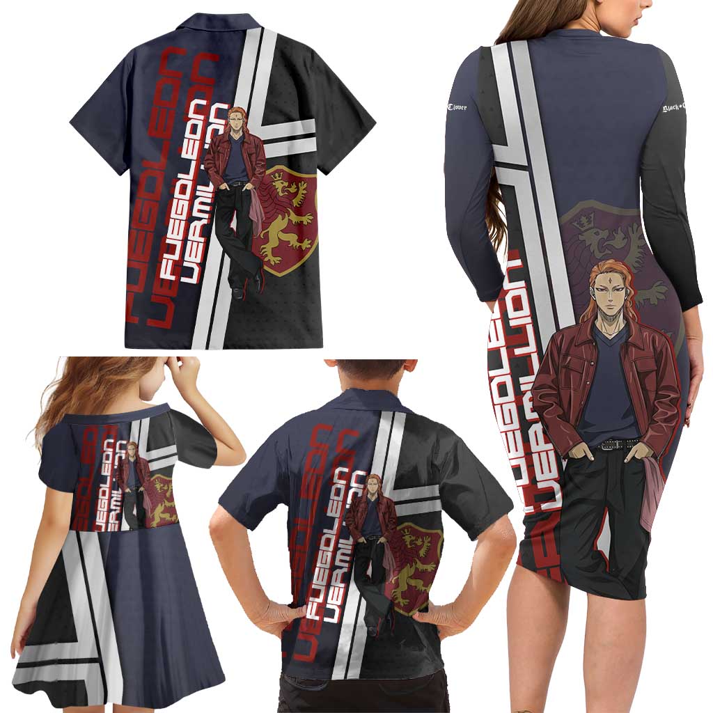 Black Clover Fuegoleon Vermillion Family Matching Long Sleeve Bodycon Dress and Hawaiian Shirt Anime Illustration Style