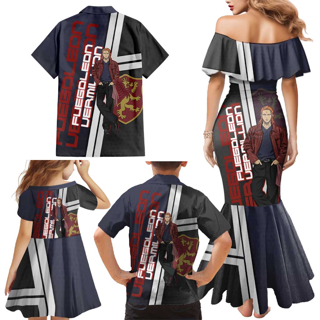 Black Clover Fuegoleon Vermillion Family Matching Mermaid Dress and Hawaiian Shirt Anime Illustration Style