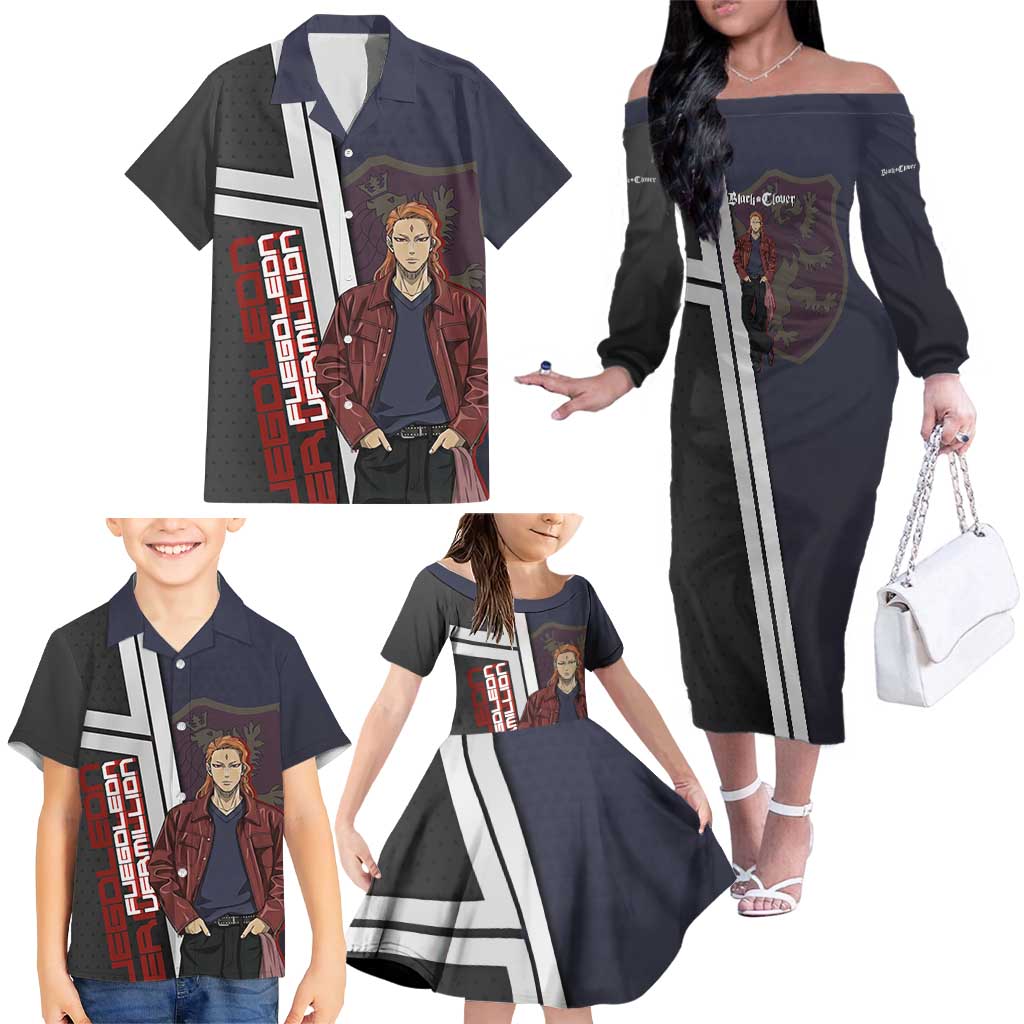 Black Clover Fuegoleon Vermillion Family Matching Off The Shoulder Long Sleeve Dress and Hawaiian Shirt Anime Illustration Style