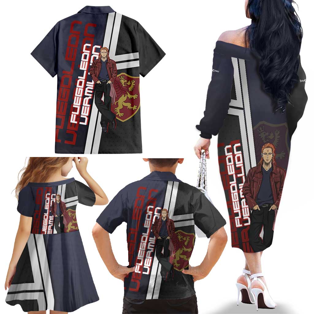 Black Clover Fuegoleon Vermillion Family Matching Off The Shoulder Long Sleeve Dress and Hawaiian Shirt Anime Illustration Style