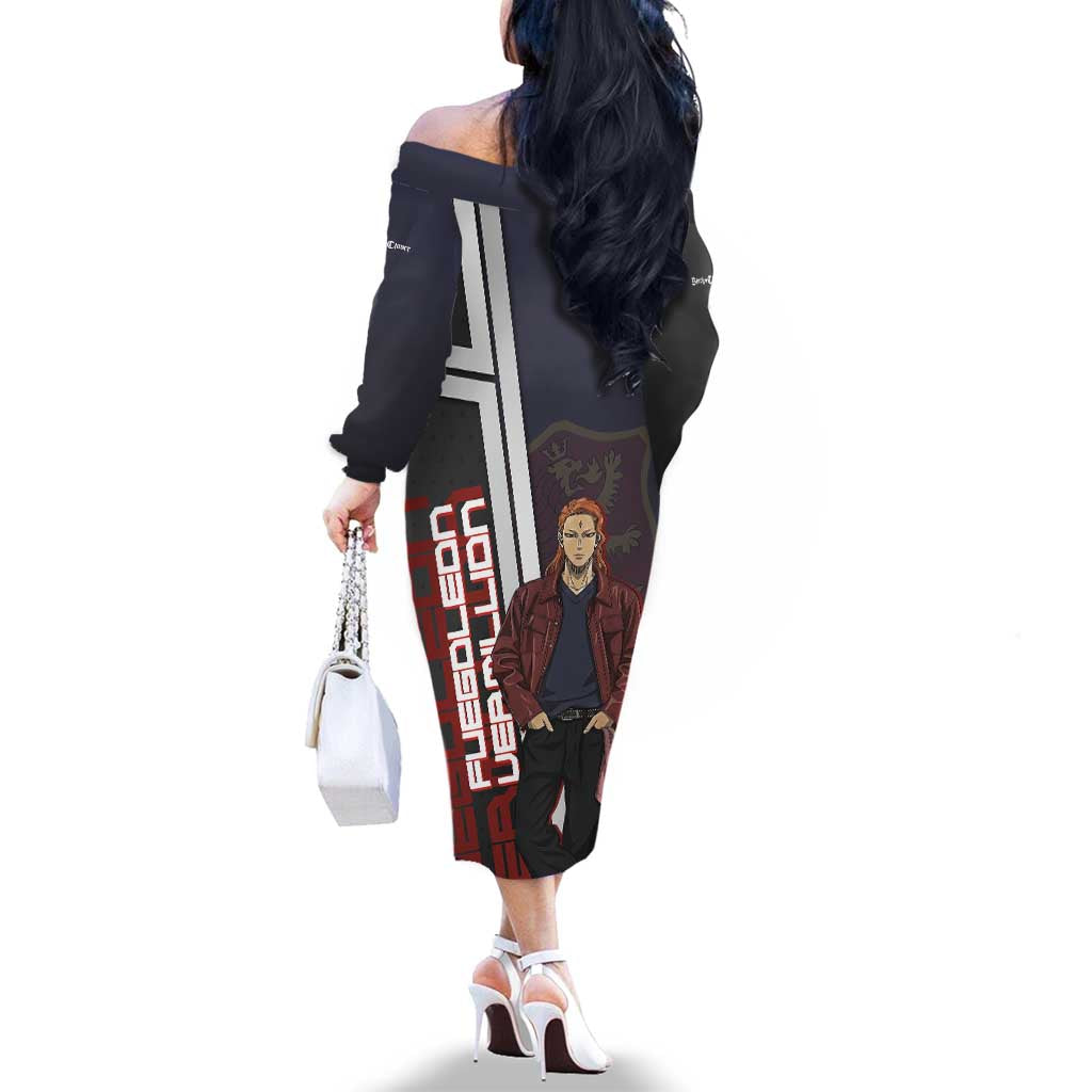 Black Clover Fuegoleon Vermillion Family Matching Off The Shoulder Long Sleeve Dress and Hawaiian Shirt Anime Illustration Style