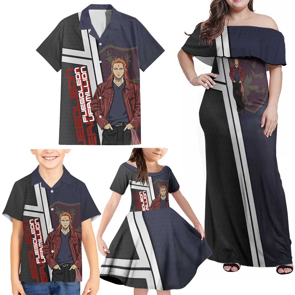 Black Clover Fuegoleon Vermillion Family Matching Off Shoulder Maxi Dress and Hawaiian Shirt Anime Illustration Style