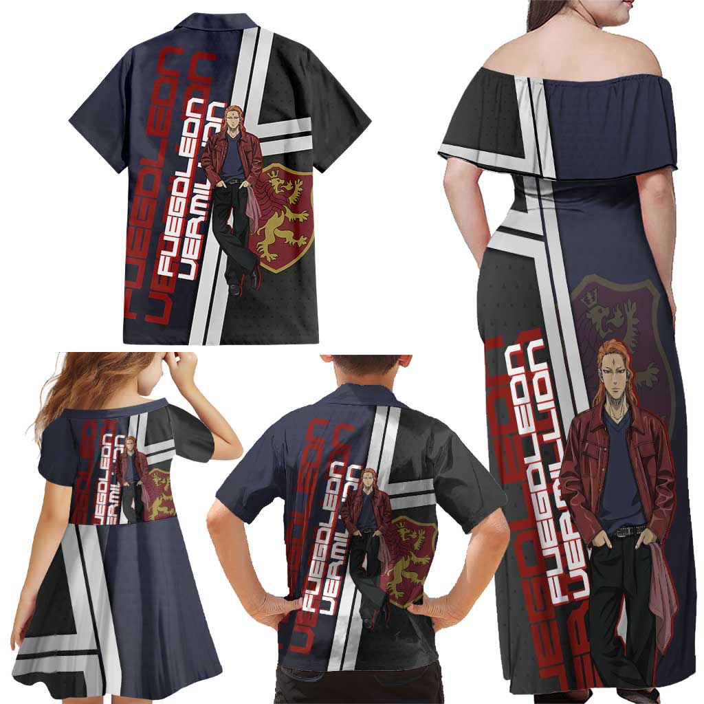 Black Clover Fuegoleon Vermillion Family Matching Off Shoulder Maxi Dress and Hawaiian Shirt Anime Illustration Style