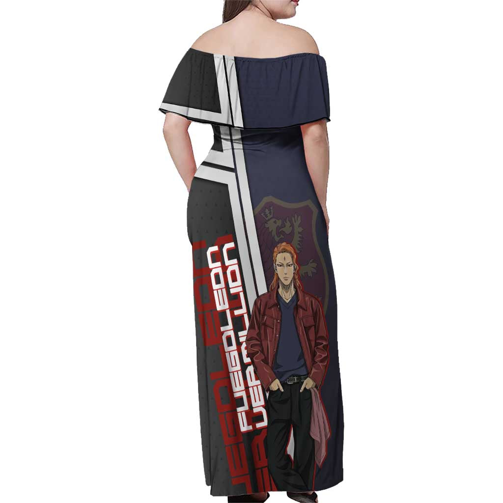 Black Clover Fuegoleon Vermillion Family Matching Off Shoulder Maxi Dress and Hawaiian Shirt Anime Illustration Style