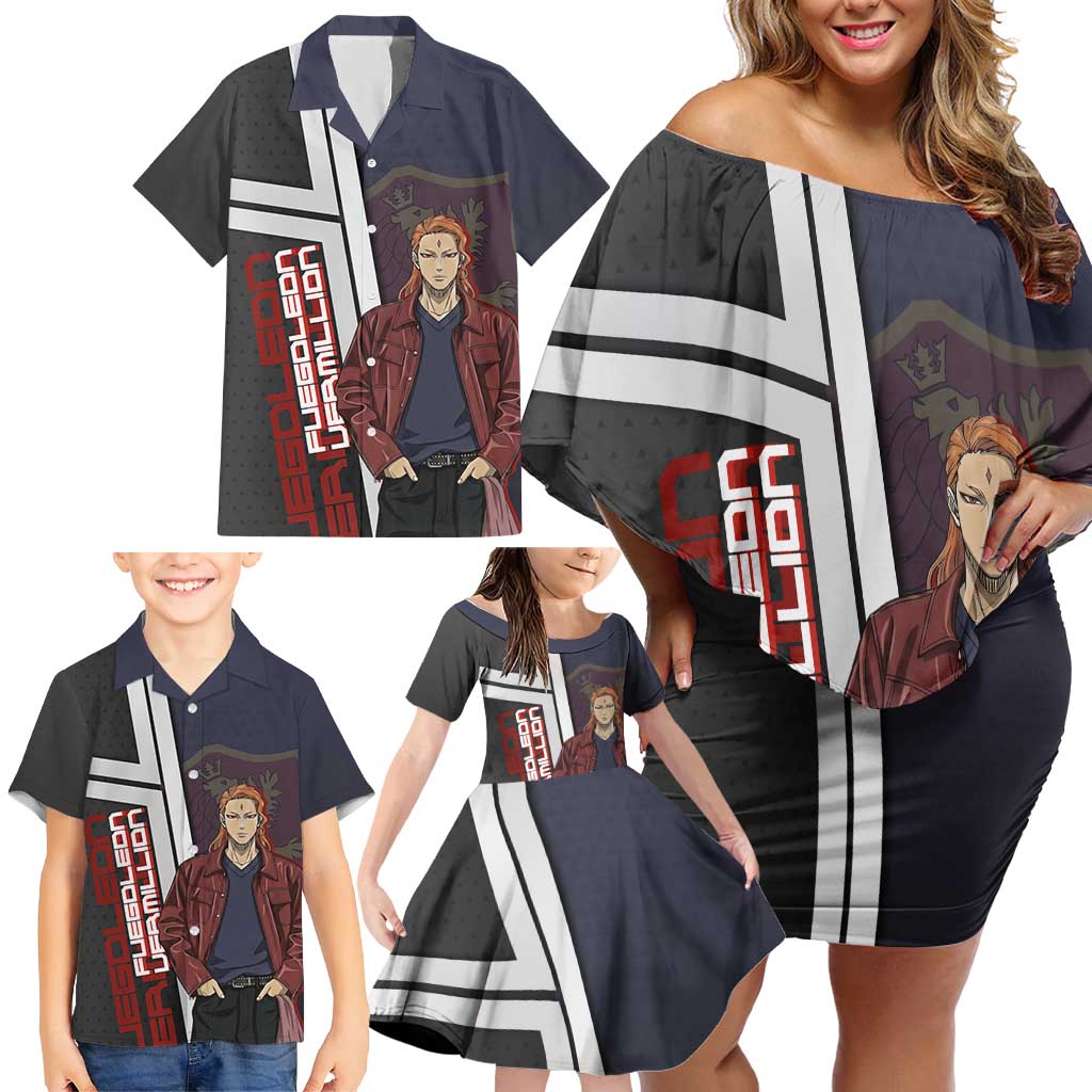 Black Clover Fuegoleon Vermillion Family Matching Off Shoulder Short Dress and Hawaiian Shirt Anime Illustration Style