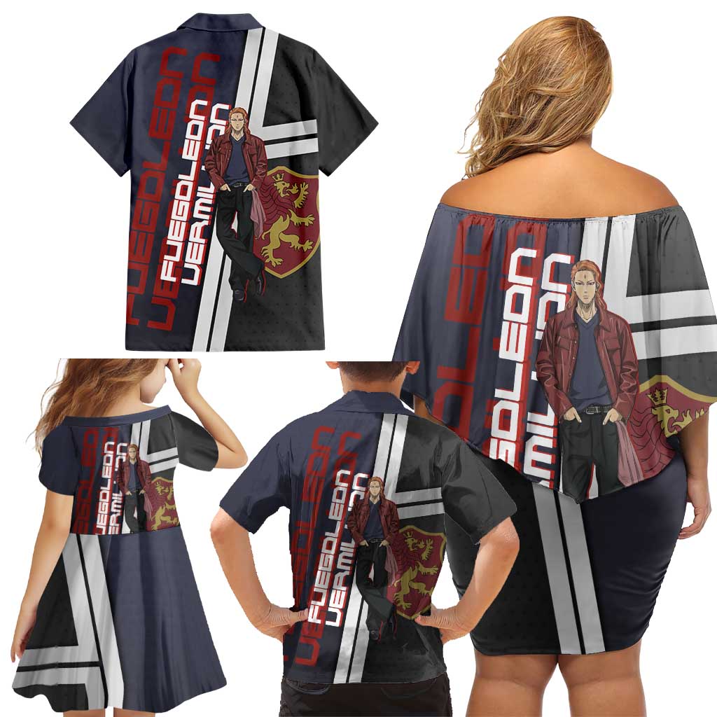 Black Clover Fuegoleon Vermillion Family Matching Off Shoulder Short Dress and Hawaiian Shirt Anime Illustration Style