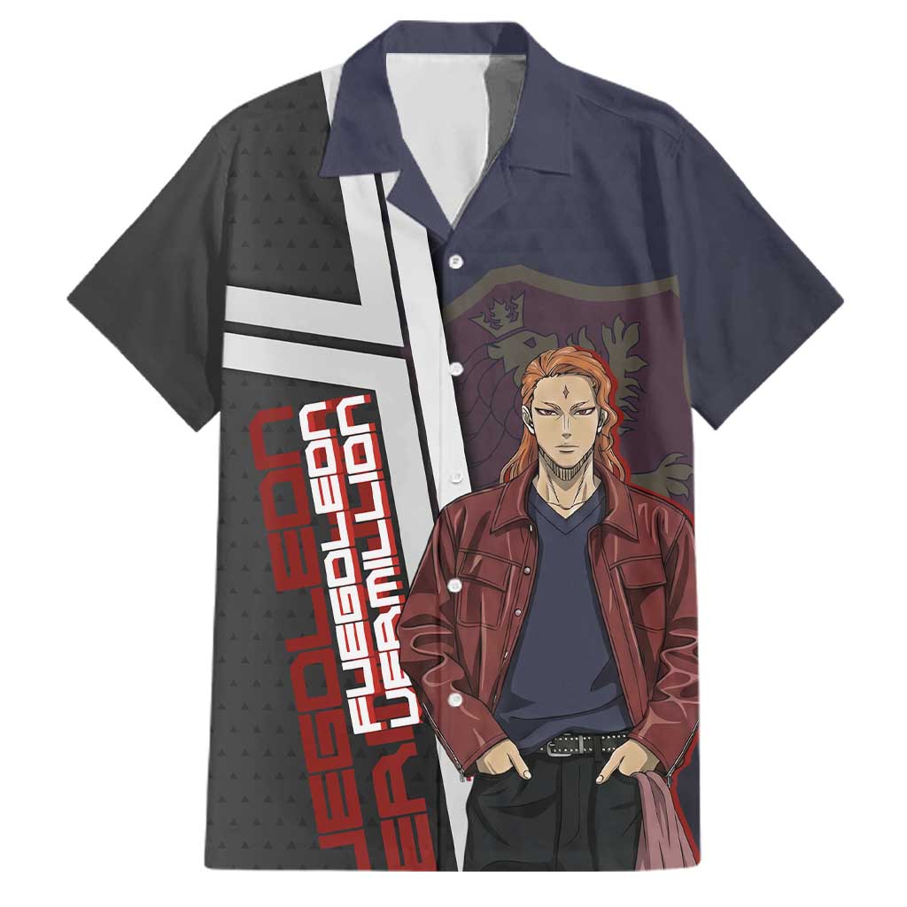 Black Clover Fuegoleon Vermillion Family Matching Off Shoulder Short Dress and Hawaiian Shirt Anime Illustration Style