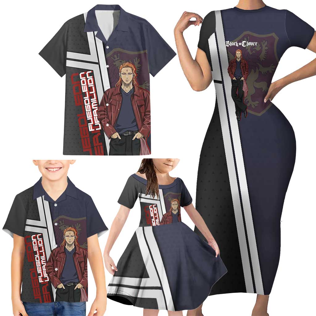 Black Clover Fuegoleon Vermillion Family Matching Short Sleeve Bodycon Dress and Hawaiian Shirt Anime Illustration Style