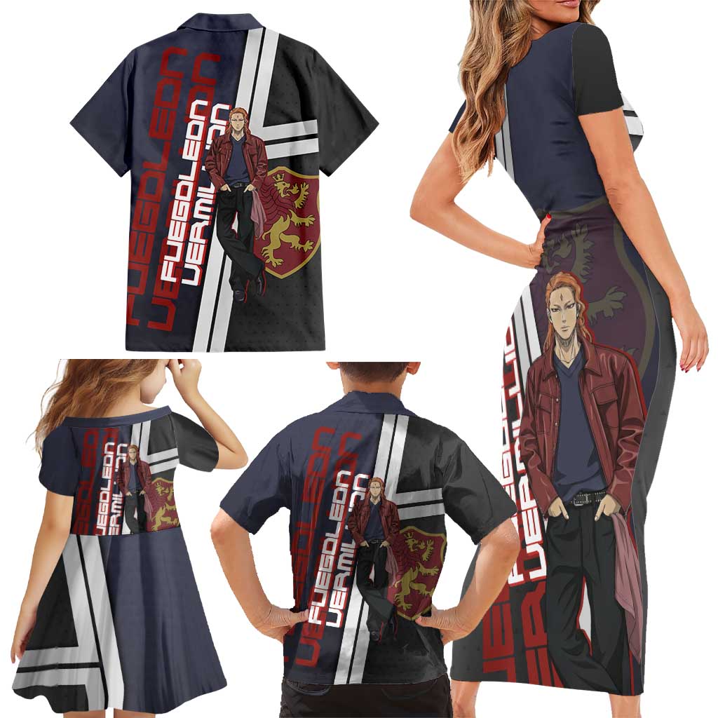 Black Clover Fuegoleon Vermillion Family Matching Short Sleeve Bodycon Dress and Hawaiian Shirt Anime Illustration Style