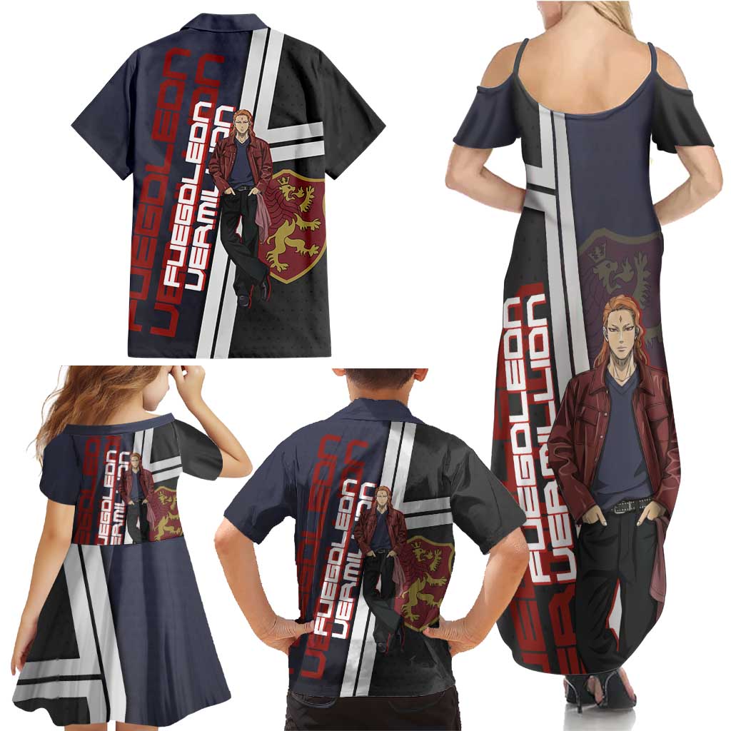 Black Clover Fuegoleon Vermillion Family Matching Summer Maxi Dress and Hawaiian Shirt Anime Illustration Style