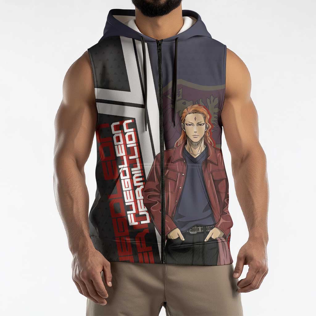 Black Clover Fuegoleon Vermillion Sleeveless Zip Hoodie Anime Illustration Style