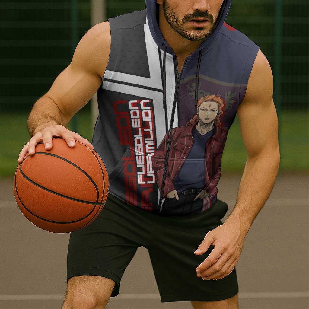 Black Clover Fuegoleon Vermillion Sleeveless Zip Hoodie Anime Illustration Style