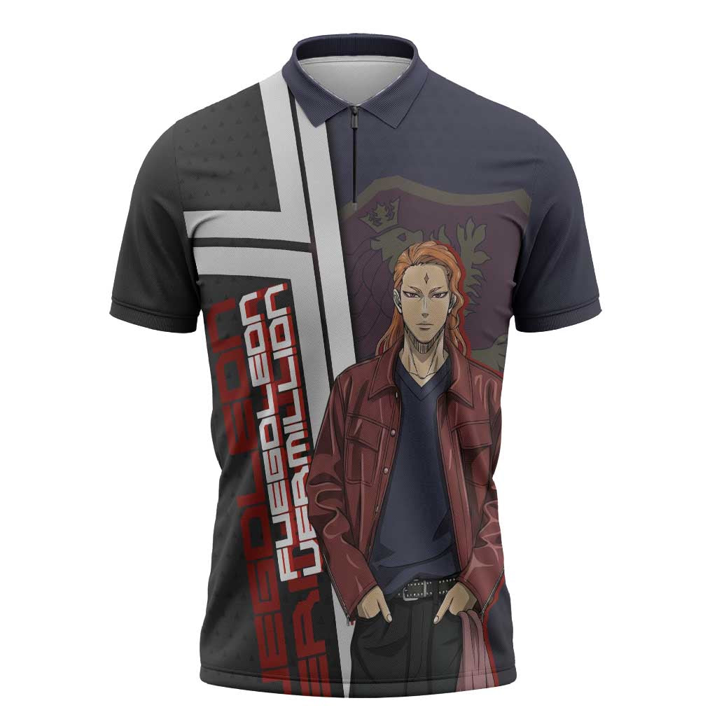 Black Clover Fuegoleon Vermillion Zipper Polo Shirt Anime Illustration Style