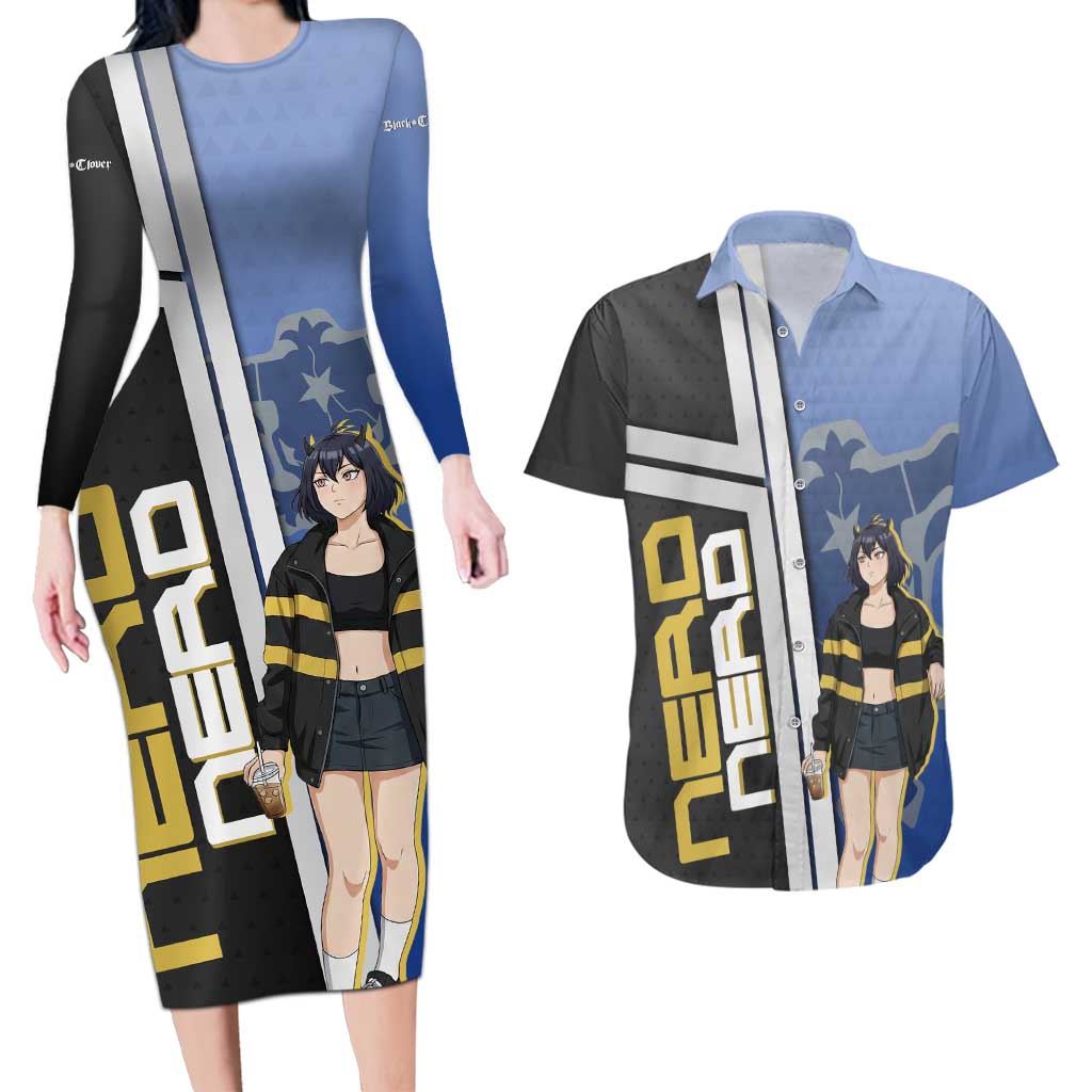 Black Clover Nero Couples Matching Long Sleeve Bodycon Dress and Hawaiian Shirt Anime Illustration Style