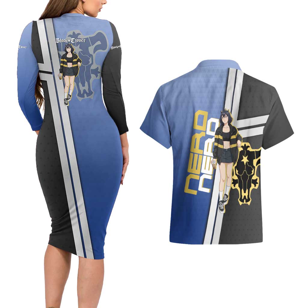 Black Clover Nero Couples Matching Long Sleeve Bodycon Dress and Hawaiian Shirt Anime Illustration Style