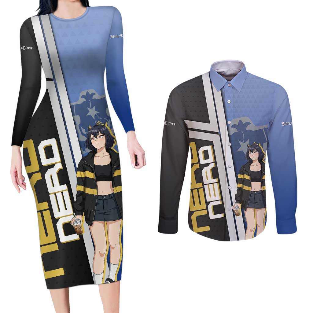 Black Clover Nero Couples Matching Long Sleeve Bodycon Dress and Long Sleeve Button Shirt Anime Illustration Style