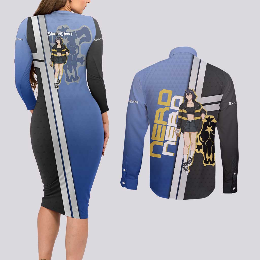 Black Clover Nero Couples Matching Long Sleeve Bodycon Dress and Long Sleeve Button Shirt Anime Illustration Style