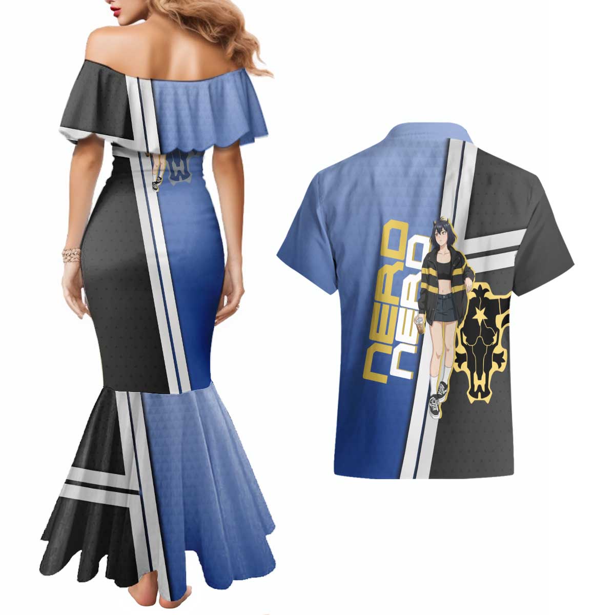 Black Clover Nero Couples Matching Mermaid Dress and Hawaiian Shirt Anime Illustration Style