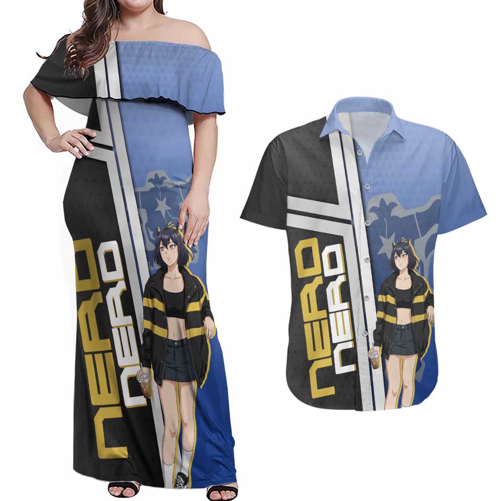 Black Clover Nero Couples Matching Off Shoulder Maxi Dress and Hawaiian Shirt Anime Illustration Style