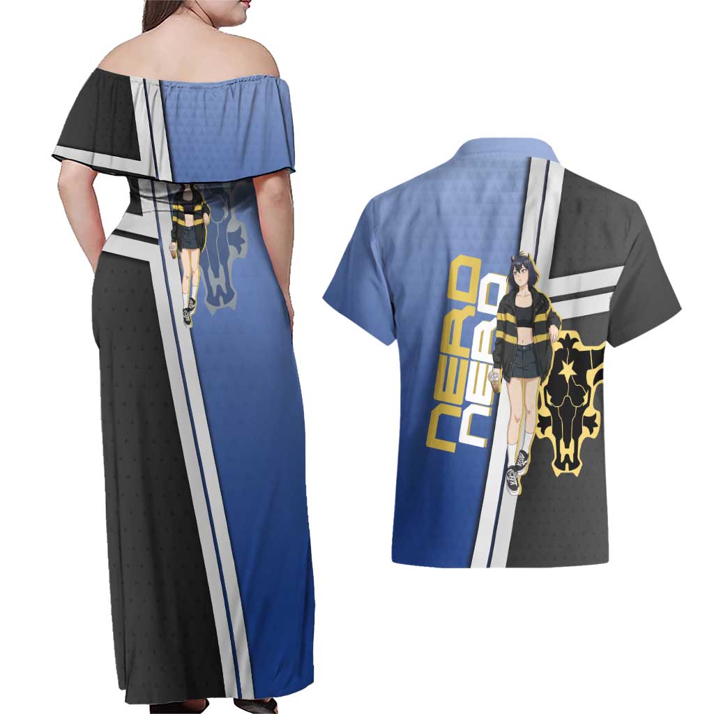 Black Clover Nero Couples Matching Off Shoulder Maxi Dress and Hawaiian Shirt Anime Illustration Style