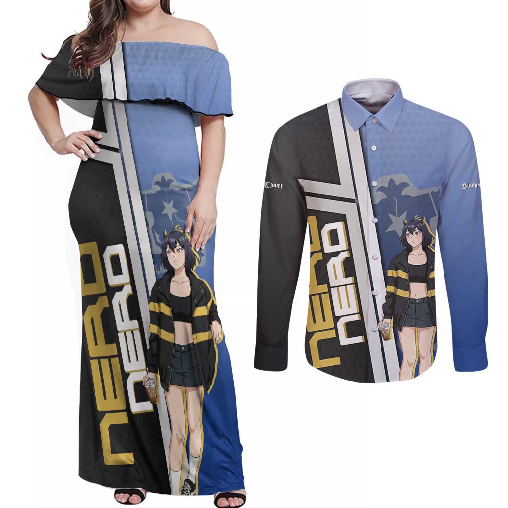 Black Clover Nero Couples Matching Off Shoulder Maxi Dress and Long Sleeve Button Shirt Anime Illustration Style