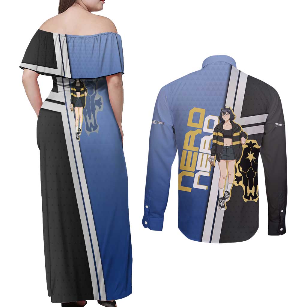 Black Clover Nero Couples Matching Off Shoulder Maxi Dress and Long Sleeve Button Shirt Anime Illustration Style