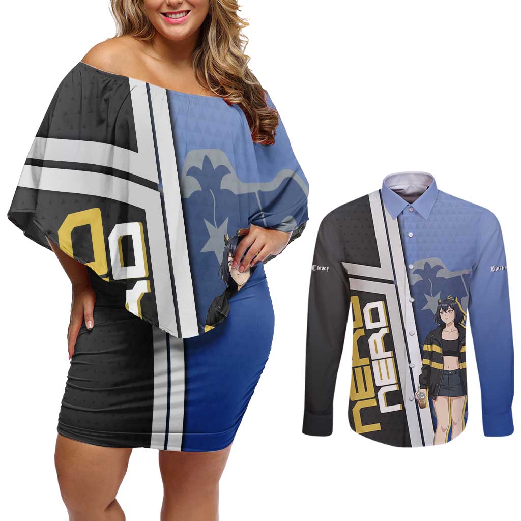 Black Clover Nero Couples Matching Off Shoulder Short Dress and Long Sleeve Button Shirt Anime Illustration Style