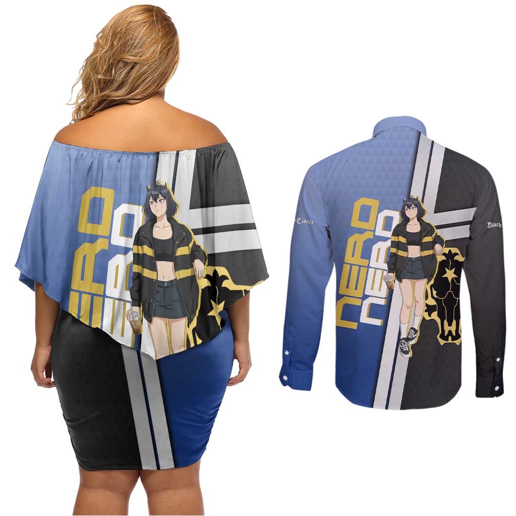 Black Clover Nero Couples Matching Off Shoulder Short Dress and Long Sleeve Button Shirt Anime Illustration Style
