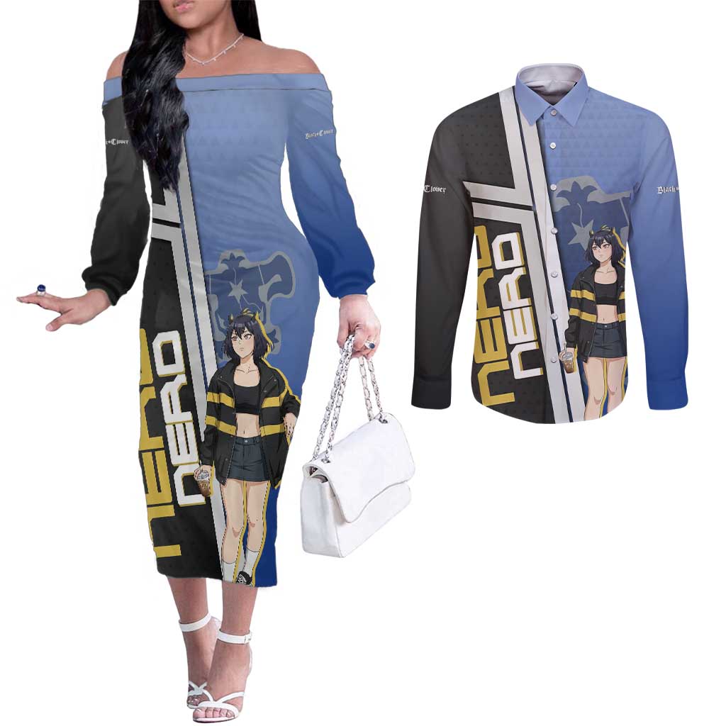 Black Clover Nero Couples Matching Off The Shoulder Long Sleeve Dress and Long Sleeve Button Shirt Anime Illustration Style