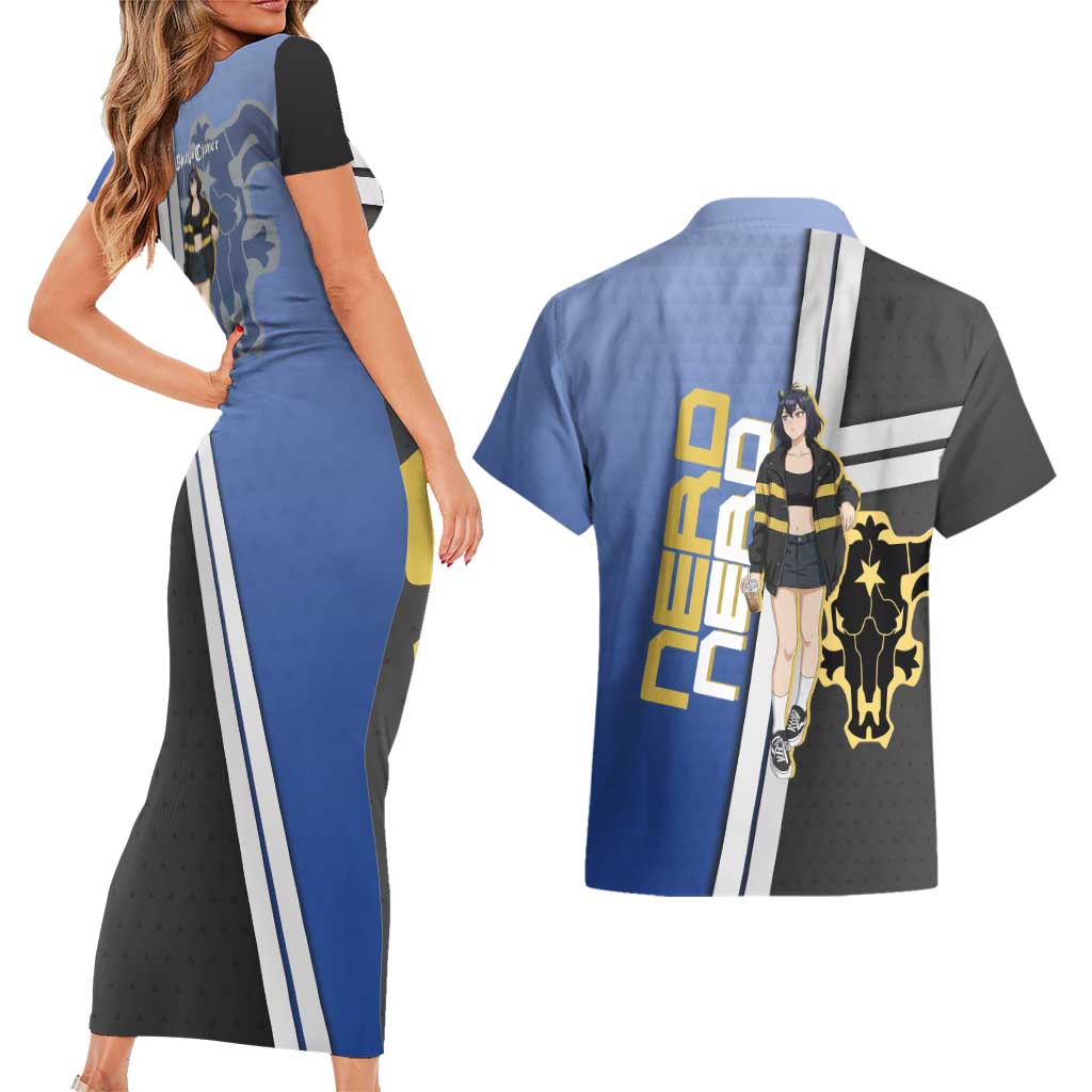 Black Clover Nero Couples Matching Short Sleeve Bodycon Dress and Hawaiian Shirt Anime Illustration Style