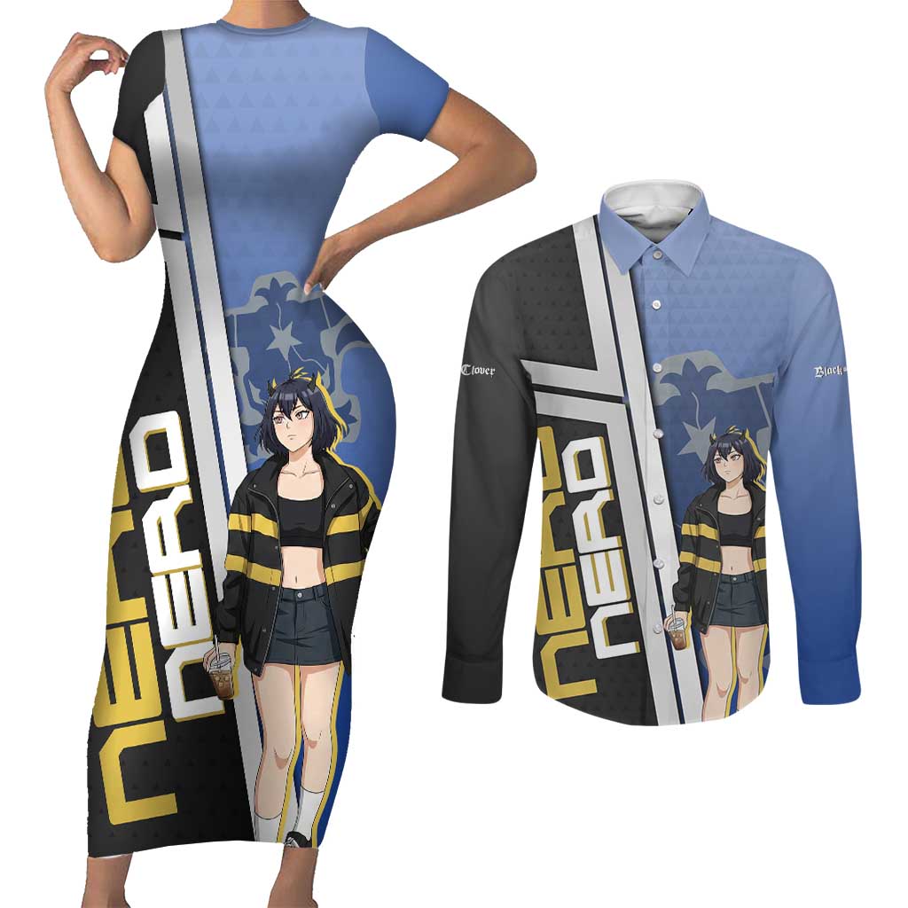 Black Clover Nero Couples Matching Short Sleeve Bodycon Dress and Long Sleeve Button Shirt Anime Illustration Style