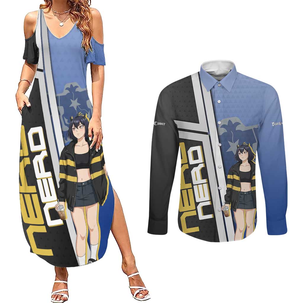 Black Clover Nero Couples Matching Summer Maxi Dress and Long Sleeve Button Shirt Anime Illustration Style