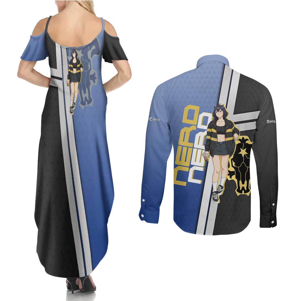 Black Clover Nero Couples Matching Summer Maxi Dress and Long Sleeve Button Shirt Anime Illustration Style