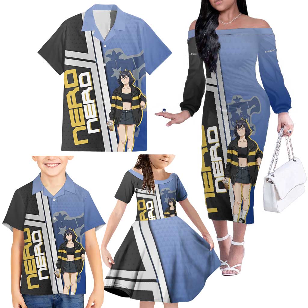 Black Clover Nero Family Matching Off The Shoulder Long Sleeve Dress and Hawaiian Shirt Anime Illustration Style