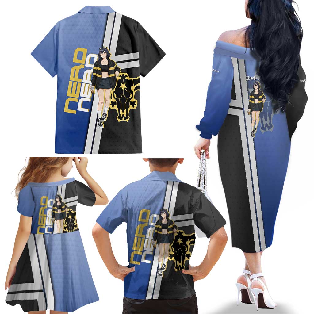 Black Clover Nero Family Matching Off The Shoulder Long Sleeve Dress and Hawaiian Shirt Anime Illustration Style