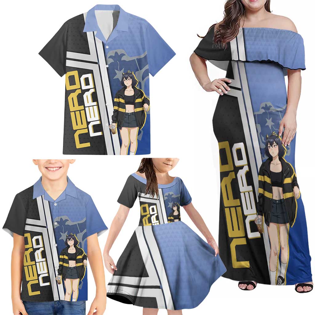 Black Clover Nero Family Matching Off Shoulder Maxi Dress and Hawaiian Shirt Anime Illustration Style
