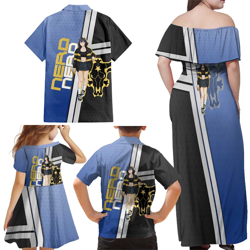 Black Clover Nero Family Matching Off Shoulder Maxi Dress and Hawaiian Shirt Anime Illustration Style