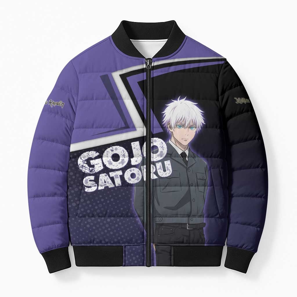 Gojo Satoru Bomber Puffer Jacket Bold Anime Poster Style