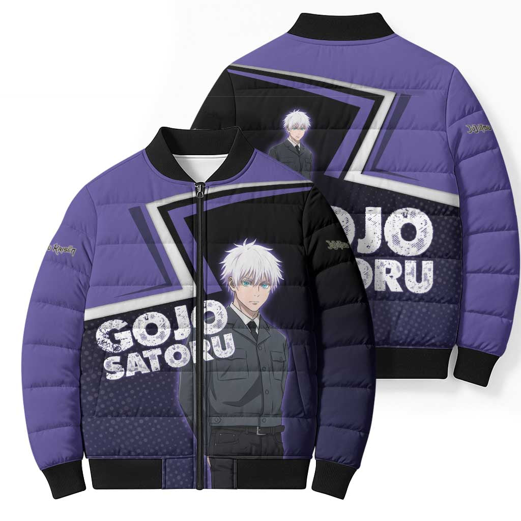 Gojo Satoru Bomber Puffer Jacket Bold Anime Poster Style