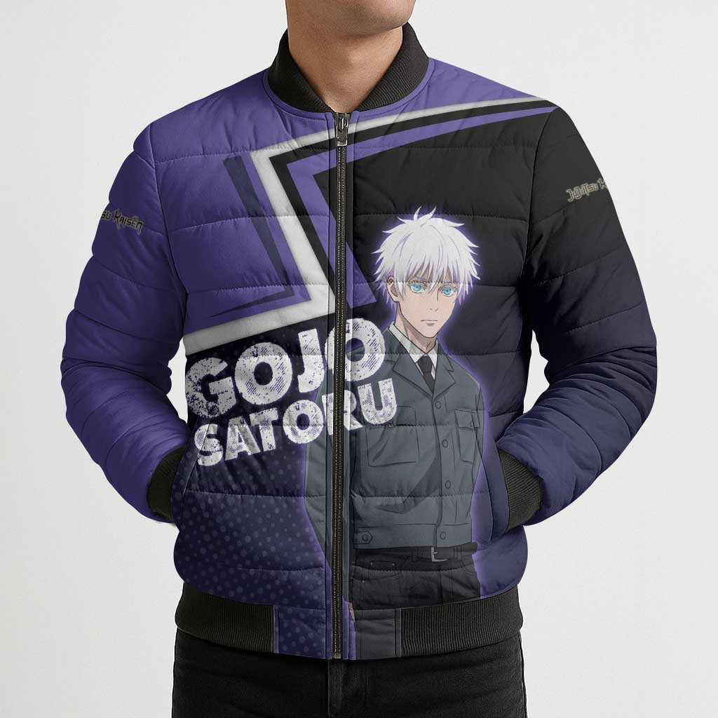 Gojo Satoru Bomber Puffer Jacket Bold Anime Poster Style