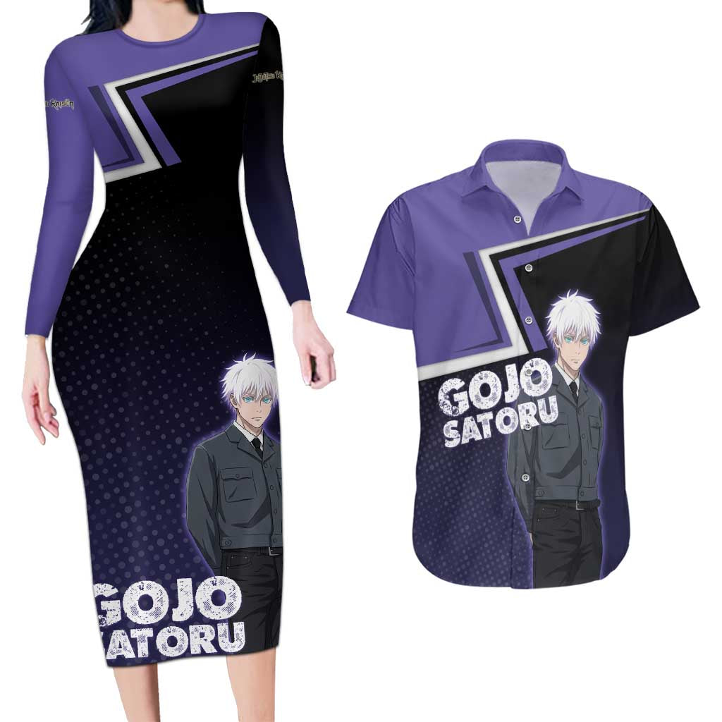 Gojo Satoru Couples Matching Long Sleeve Bodycon Dress and Hawaiian Shirt Bold Anime Poster Style