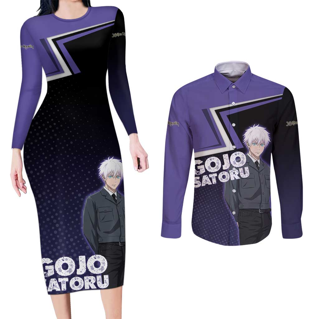 Gojo Satoru Couples Matching Long Sleeve Bodycon Dress and Long Sleeve Button Shirt Bold Anime Poster Style