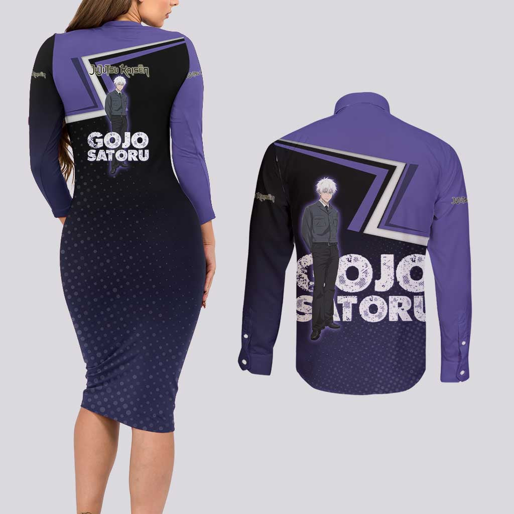 Gojo Satoru Couples Matching Long Sleeve Bodycon Dress and Long Sleeve Button Shirt Bold Anime Poster Style