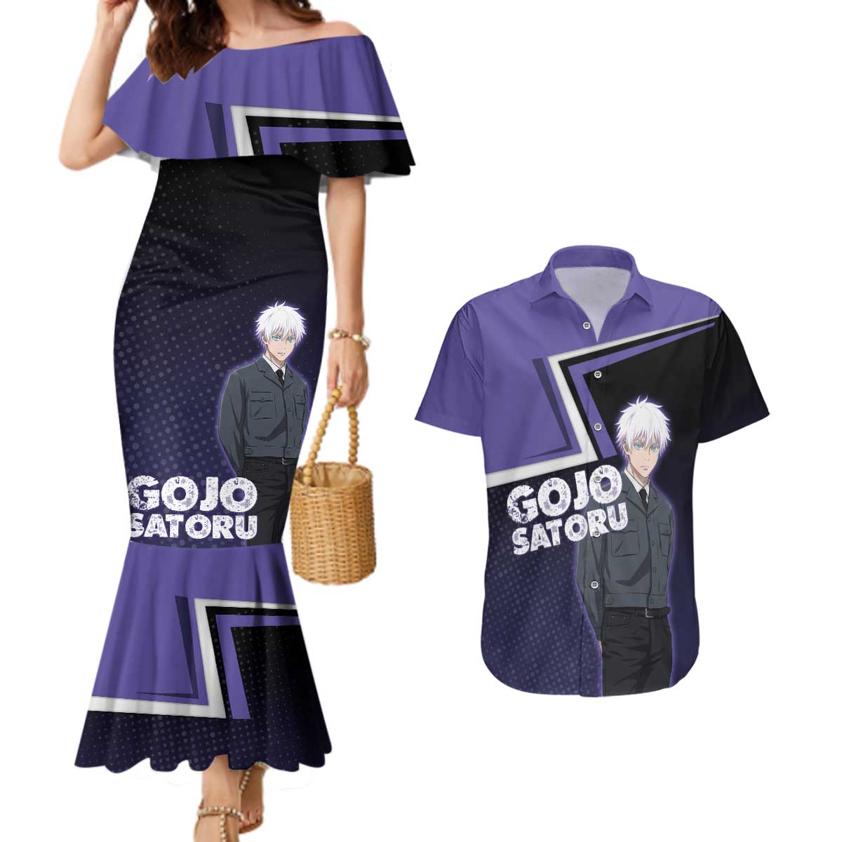Gojo Satoru Couples Matching Mermaid Dress and Hawaiian Shirt Bold Anime Poster Style